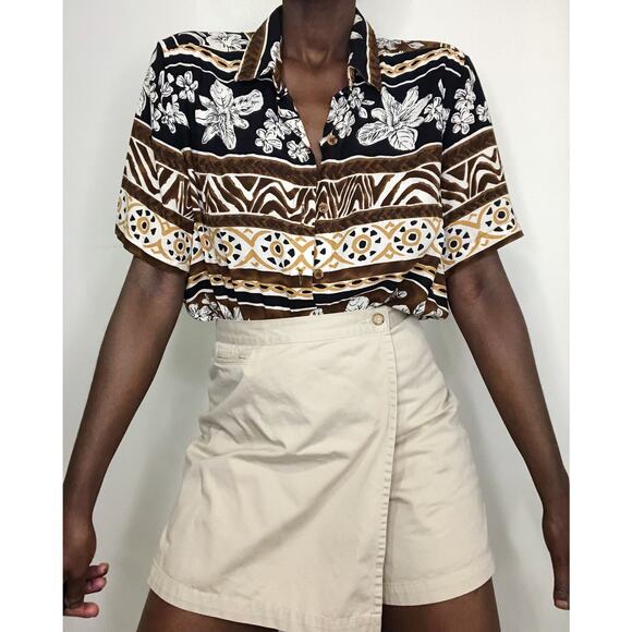 VINTAGE | 1990s Neutral Tropical Tribal Abstract Print Camp Hawaiian Shirt - Picture 7 of 8